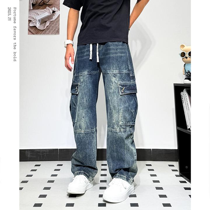 大口袋水洗工装牛仔裤男秋季新款美式高街宽松长裤百搭痞帅直筒裤