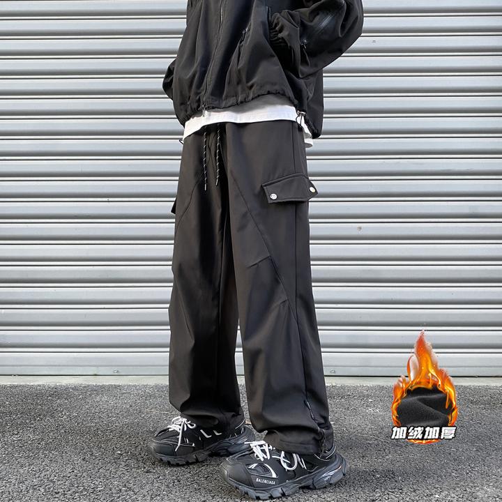 冬季新款机能风褶皱加绒男生男装百搭显瘦长裤潮流直筒宽松休闲裤