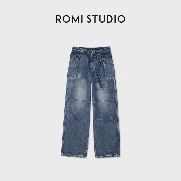 ROMI STUDIO“复古时髦”全棉松软浆染调节腰带宽牛仔裤 RWCAXU6128