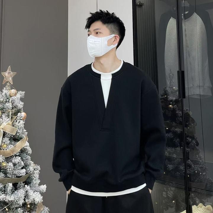 【春季新品】假两件设计款长袖V领红卫衣打底男女同款休闲慵懒