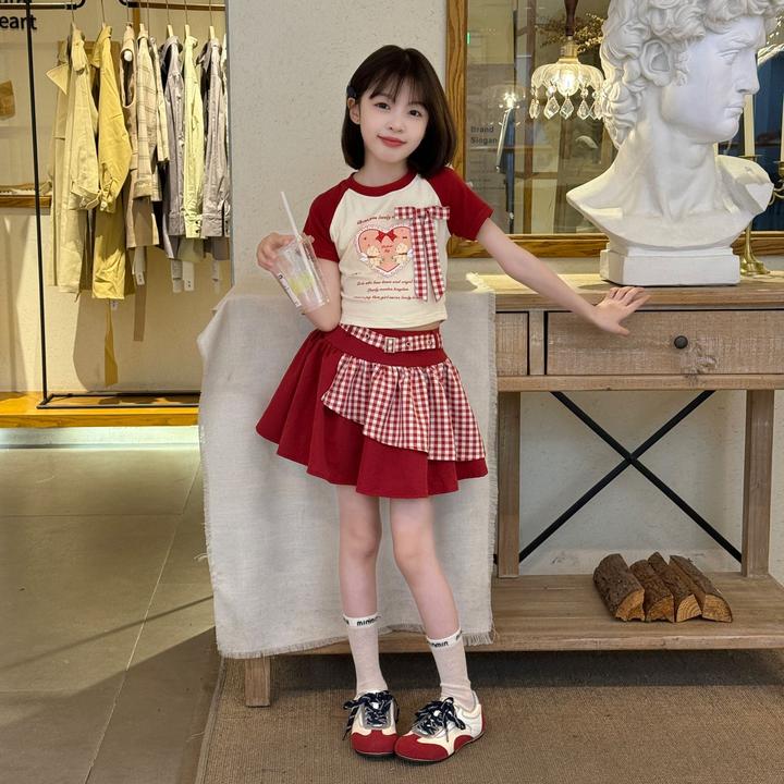 女童拼色蝴蝶结短袖格子裤裙套装2025新款中大童洋气短袖t拼接裙