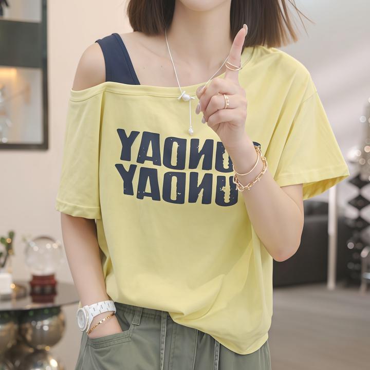 韩版字母印花时尚撞色吊带斜领露肩短袖T恤女夏季新款百搭上衣潮