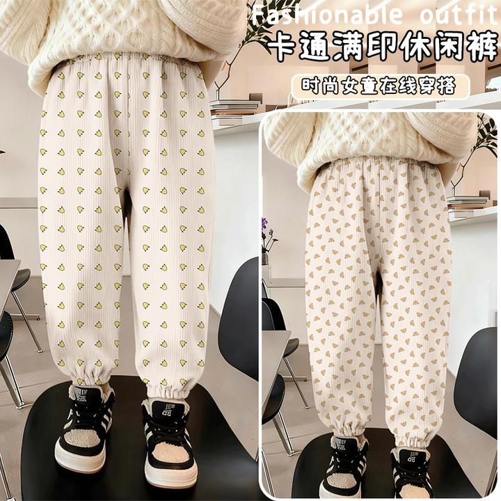 儿童春秋新款灯芯绒裤子中大童男女童休闲长裤卡通满印束脚裤童装