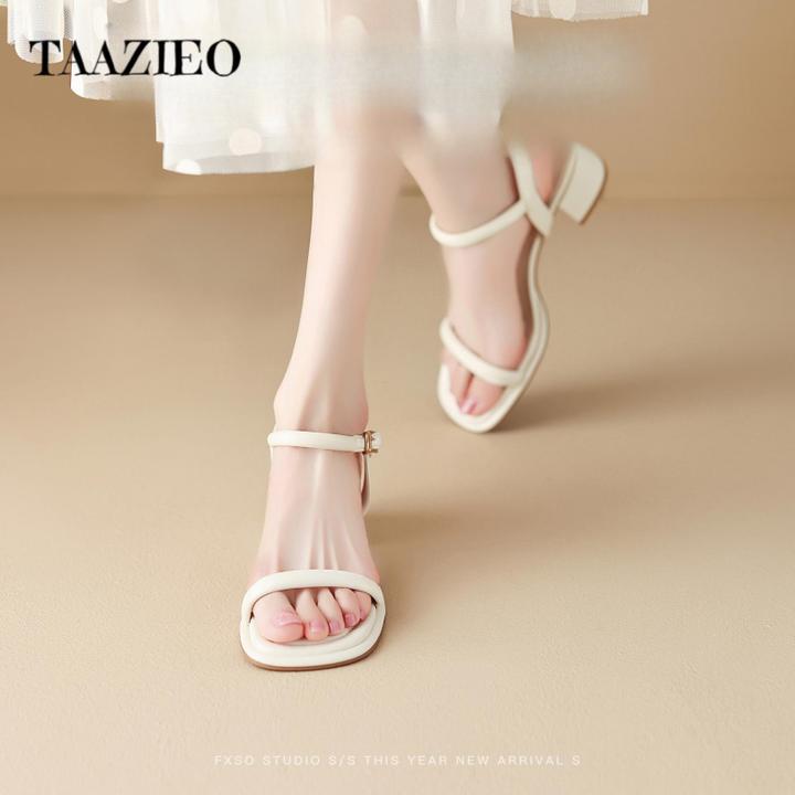 TAAZIEO羊皮版2025夏新款法式气质职业一字扣带粗跟凉鞋女时尚