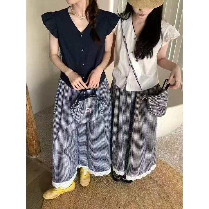 轻熟风时尚套装无袖休闲风小众夏季衬衫蕾丝拼接半裙包包三件套