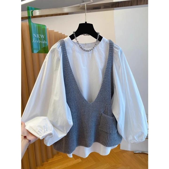 胖mm300斤高级感针织背心两件套秋季新款宽松休闲衬衫上衣套装女