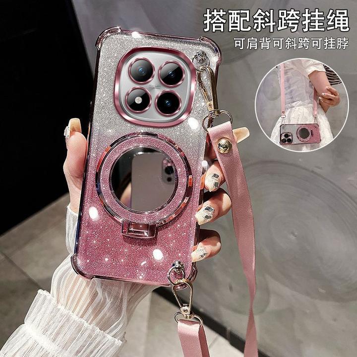 红米Note15Pro+手机壳Realme轻奢女款斜跨挂绳四角防摔化妆镜支架