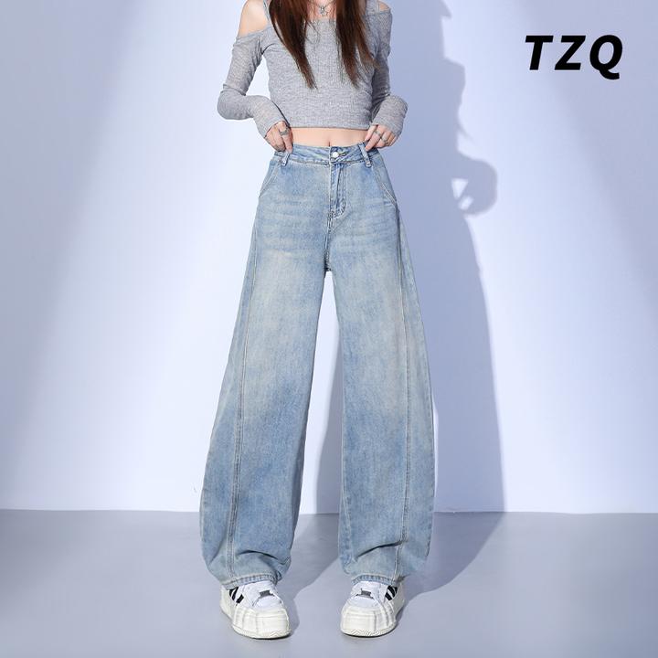 浅蓝色高腰2025春季新款弯刀牛仔裤女百搭时尚直筒裤子TZQ2522833