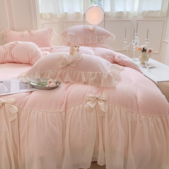 粉色大蝴蝶结公主风冬季牛奶绒四件套珊瑚绒加厚加绒床单被套床上