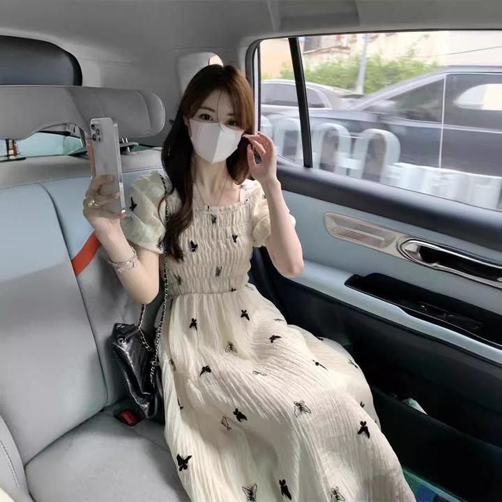 2025夏季新款法式初恋连衣裙气质感松紧腰长裙温柔淑女风收腰裙子