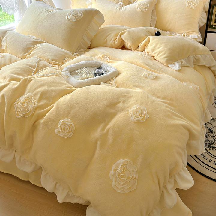 秋冬牛奶绒绣花床裙加厚四件套双面法兰绒保暖花边被套加绒床单笠