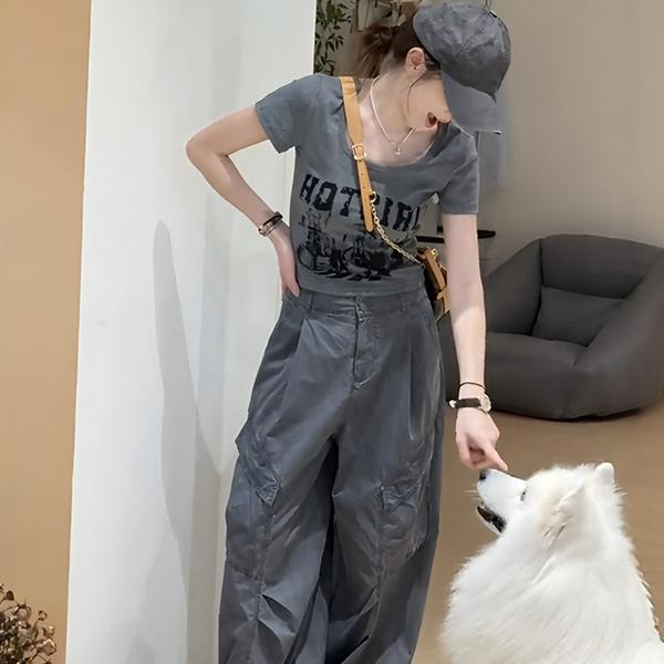 韩系复古时尚套装女夏季款灰色方领短袖T恤上衣宽松工装裤两件套