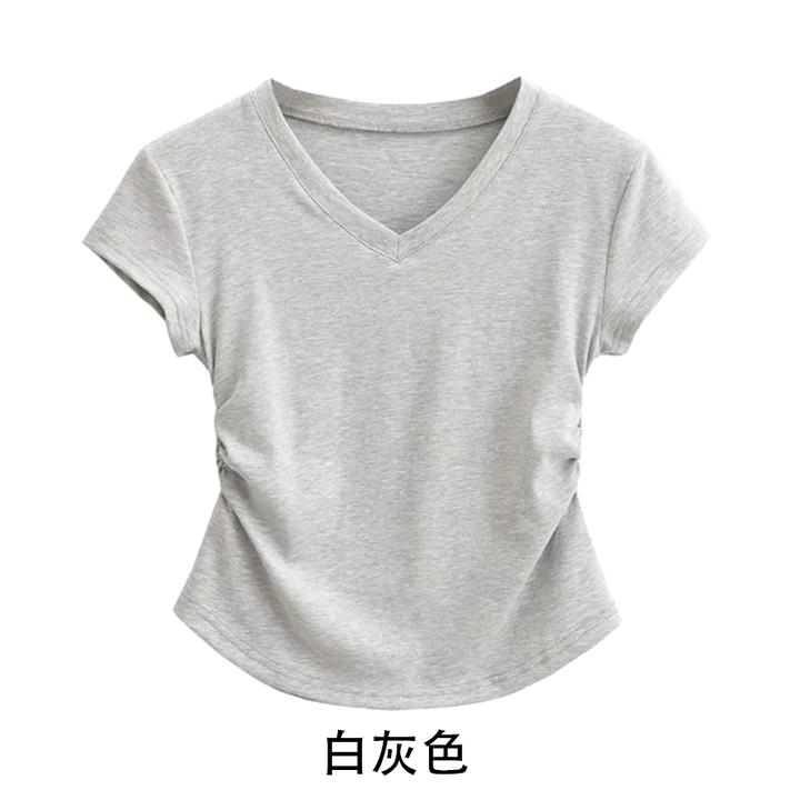 黑色白色灰色深杏气场上衣短袖修身棉氨纶不规则针织领休闲风格