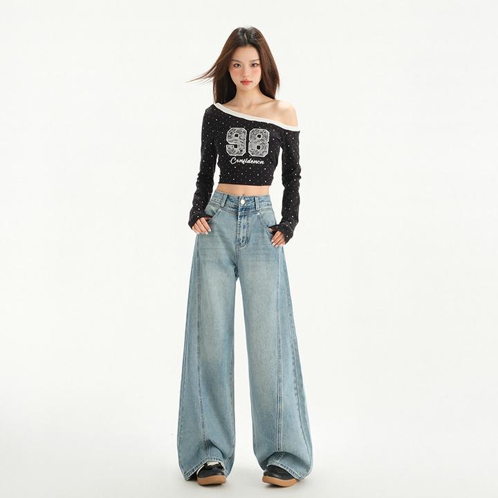 早秋新款美式复古高腰宽松阔腿裤新款垂感牛仔裤女&长裤加长