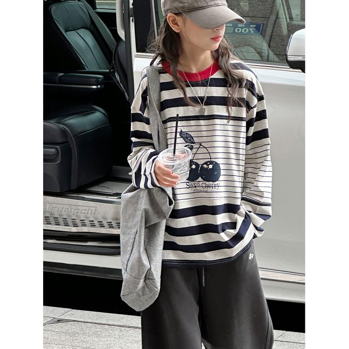 K29546孙小美韩系女童长袖T恤秋装2025新款儿童条纹上衣打底春秋t