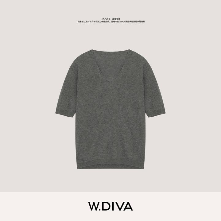 W.Diva【灰白调】超细超密支山羊绒羊毛衫V领柔软亲肤上衣53Z232722