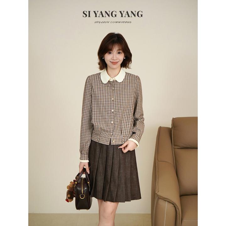 斯洋洋SIYANG刺绣平纹撞色小翻领格子精致减龄上衣SY509A042SYY