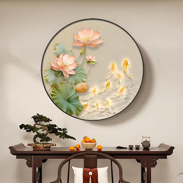 荷花九鱼图玄关装饰画新中式走廊过道挂画带灯入户正对门壁画圆形