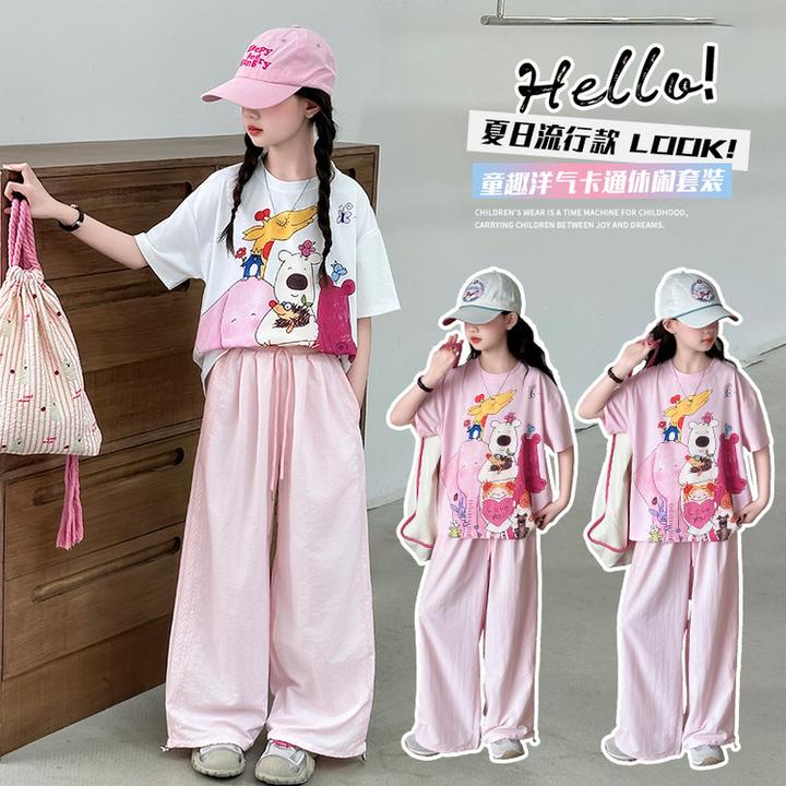 女童炸街套装夏季新款中大童短袖t恤阔腿裤潮两件套儿童卡通洋气
