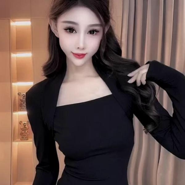 法式纯欲方领长袖T恤女秋季新款设计感修身显瘦洋气百搭休闲上衣