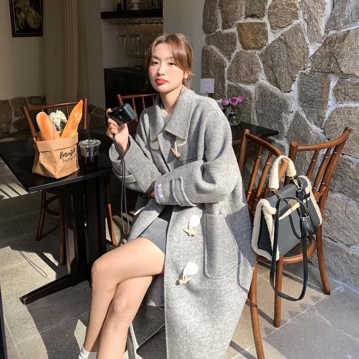 韩系中长款过膝气质牛角扣双面呢外套女2025新款冬季慵懒羊毛大衣