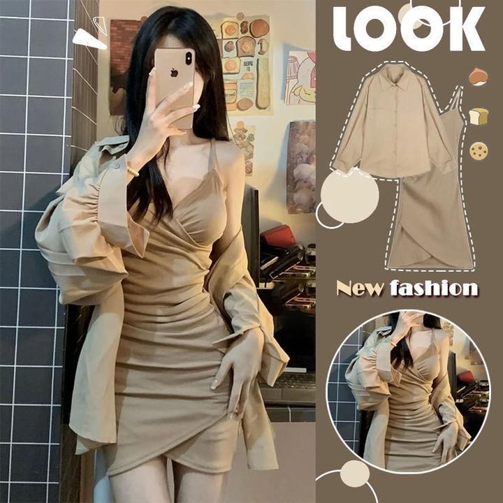 早秋装2025新款大码女装胖mm衬衫上衣开衫纯欲吊带连衣裙两件套装