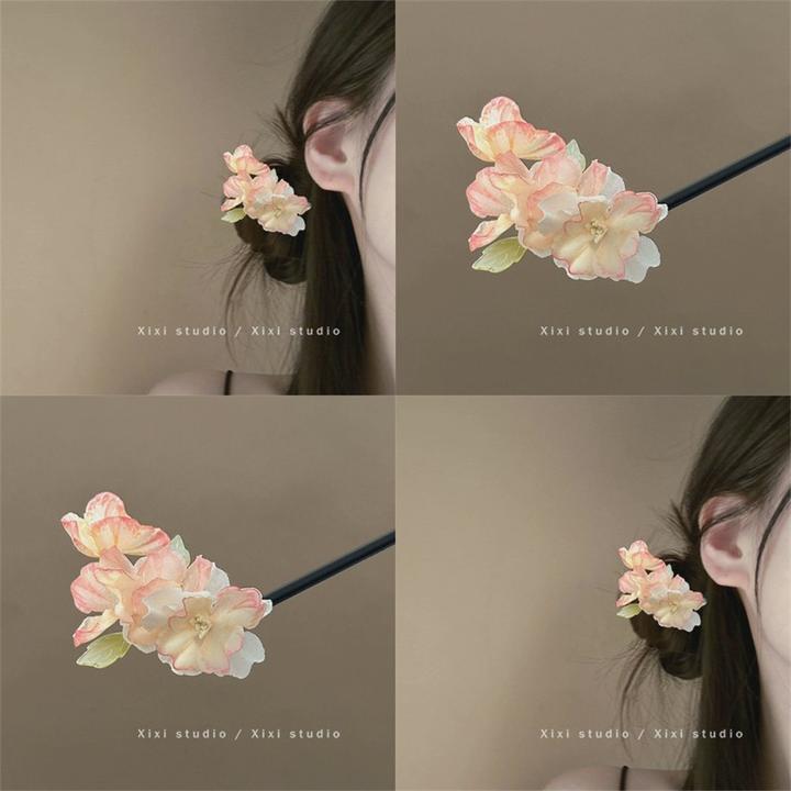 纯欲粉色花朵发簪古风绢花盘发簪子新中式木质发钗超仙汉服配饰女