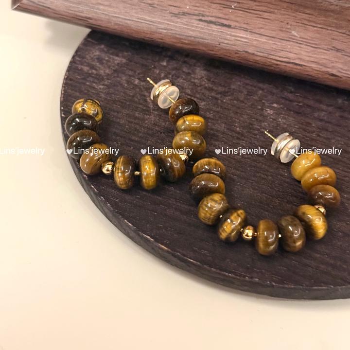 铜合金耳饰 黄虎眼串珠耳钉~气质百搭复古小众设计感手工