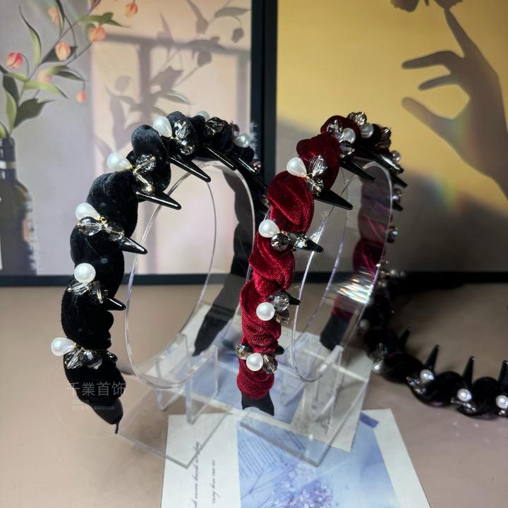 法式黑丝绒珠珠赫本风带齿防滑高颅顶时尚百搭减龄发箍T0981