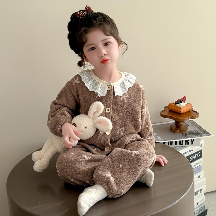 女童睡衣秋冬季法兰绒加厚珊瑚绒2025新款儿童女孩花边家居服套装