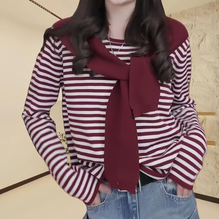 早春新款时尚宽松简约慵懒风固定披肩假两件条纹针织毛衣