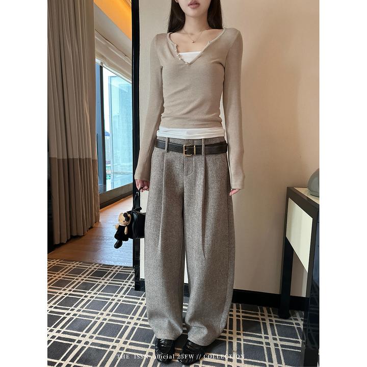 THEISSN宁司 羊毛压褶直筒休闲裤女冬季宽松百搭长裤 01788