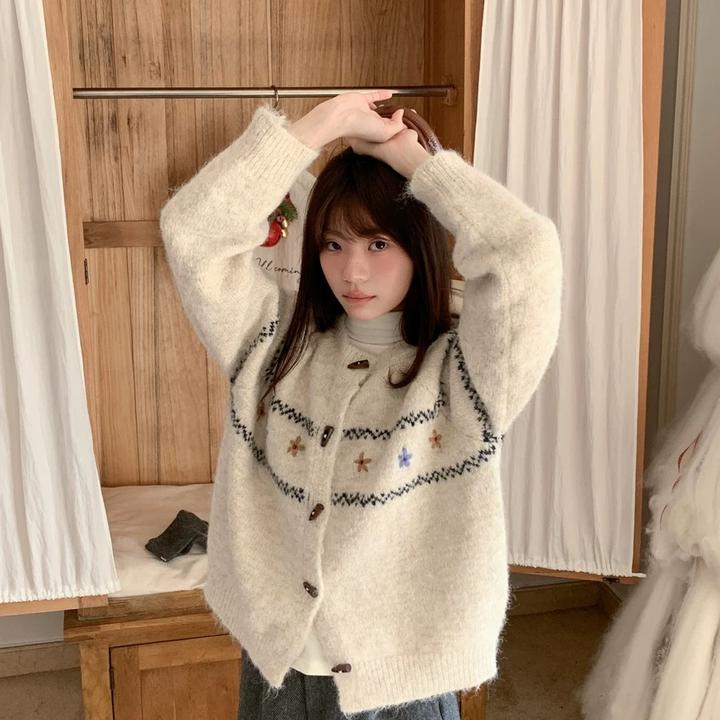 手工刺绣费尔岛毛衣开衫女秋冬季牛角扣慵懒风森系提花针织衫外套