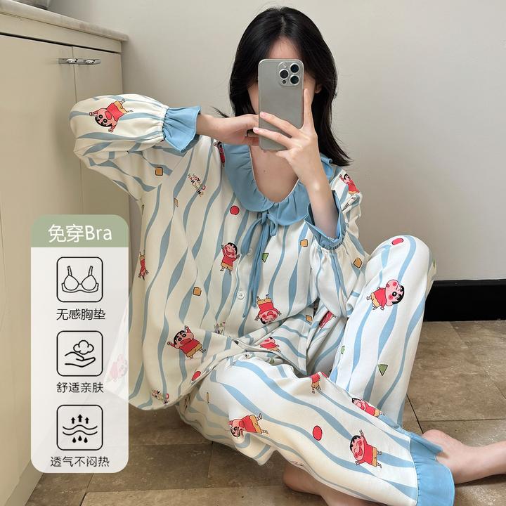 蜡笔小新睡衣女秋冬款带胸垫可外穿日系卡通春秋款长袖家居服套装