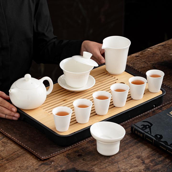 高端羊脂玉白瓷功夫茶具套装家用泡茶壶悬停盖碗茶杯茶盘整套陶瓷