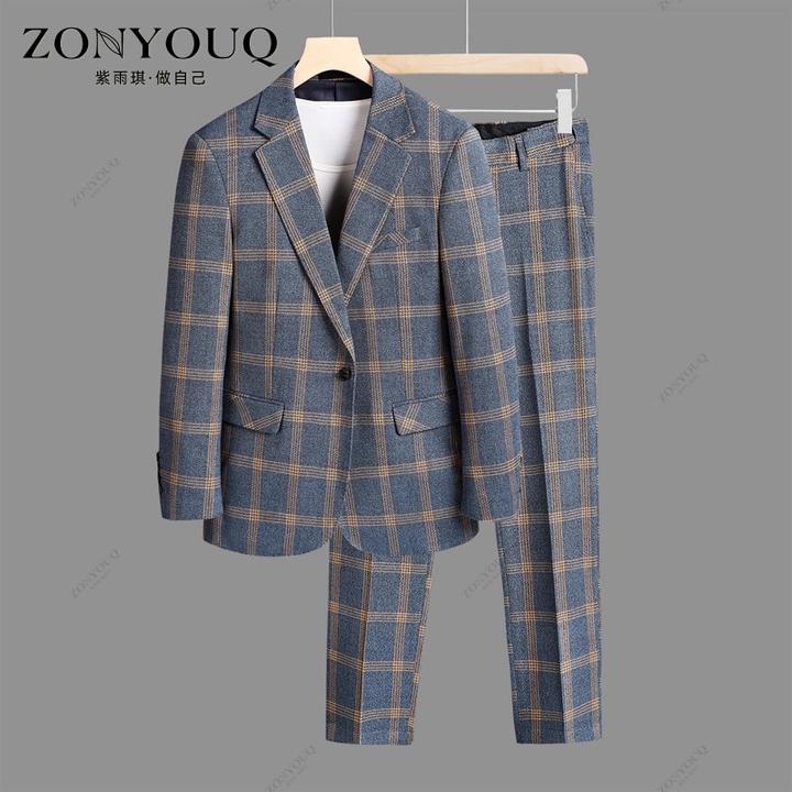 格子西服套装男士春秋商务休闲时尚潮流修身韩版大码外套西装西裤