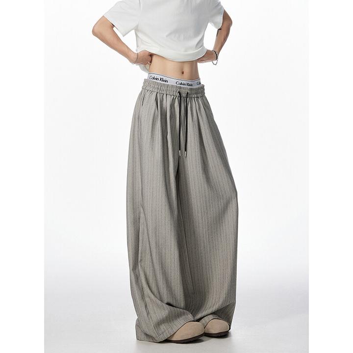 垂感条纹冰丝西裤男薄款美式高级感痞帅宽松阔腿休闲西装裤子夏季