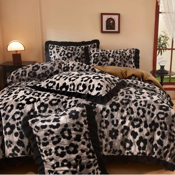 轻奢美拉德花边牛奶绒豹纹加厚床盖四件套冬季双面绒被套加绒被罩
