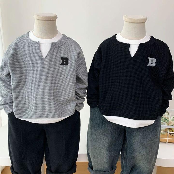 儿童T恤长袖2025秋冬款男童假两件内搭刺绣上衣宝宝休闲打底衫女