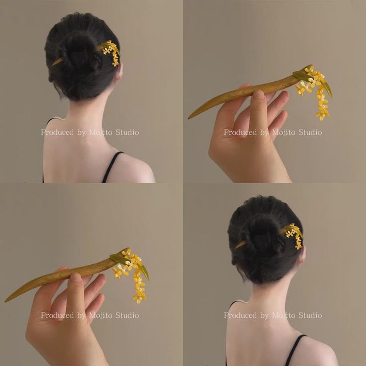 金桂送香~黄色花朵檀木发簪女绿檀木簪子步摇古风高级感盘头发钗