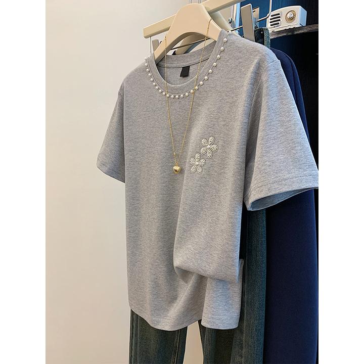 灰色显瘦修身高级圆领短袖t恤女2025夏季新款设计感休闲简约上衣