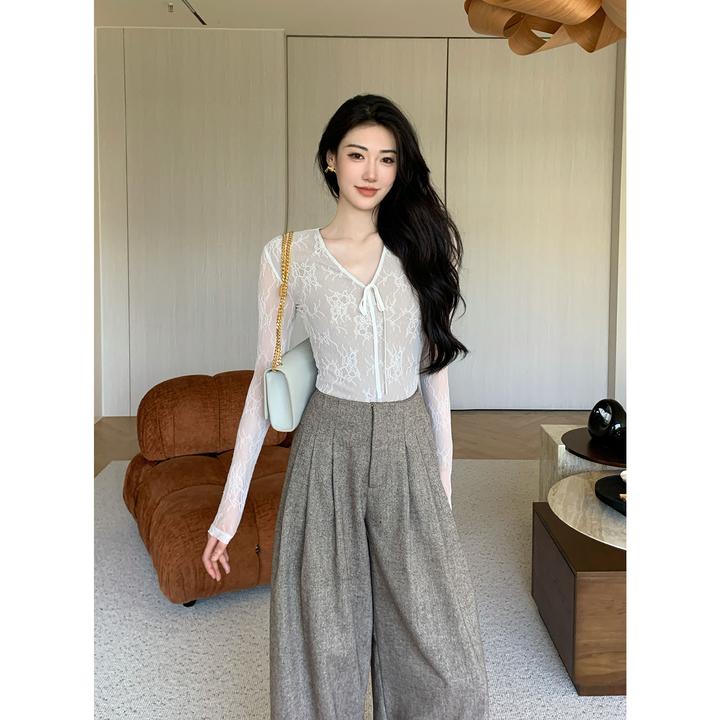 JIJINQI秋季新款针织气质百搭修身设计感蕾丝上衣女 JD08SZPT1664