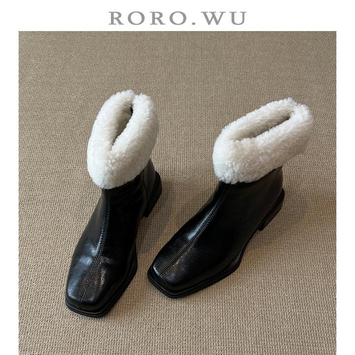 娆娆吴·羊皮英伦复古方头翻边后拉链短靴冬季新款切尔西靴女A24