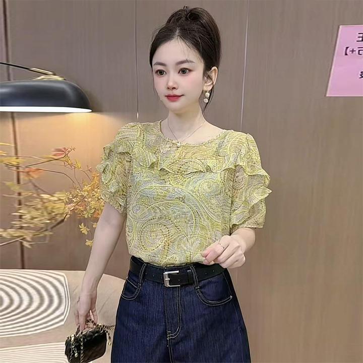 时尚设计感荷叶边上衣2025夏季新款法式洋气减龄显瘦印花衬衫
