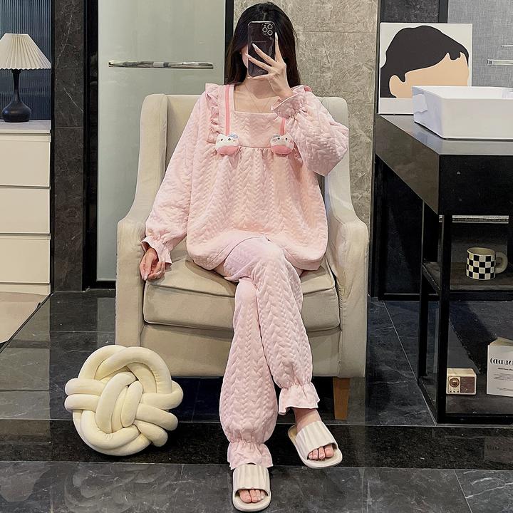 睡衣女秋冬季长袖大码夹层2025新款可外穿可爱感粉猫咪套装家居服