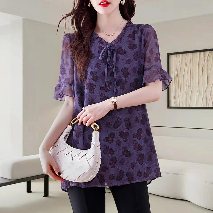 中长款紫色碎花雪纺衫女士2025新款洋气宽松显瘦遮肚百搭短袖上衣
