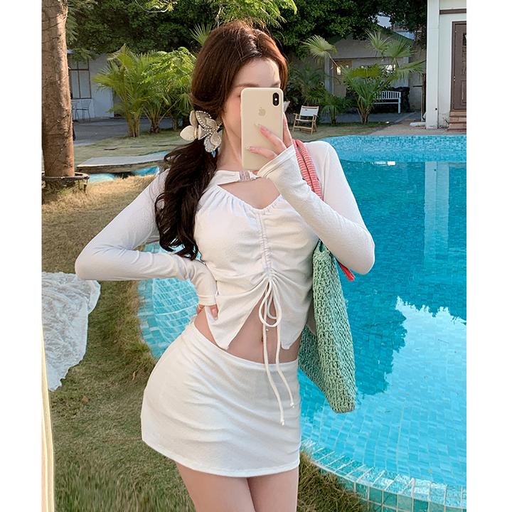 泳衣女分体2025新款比基尼三件套防晒遮肉显瘦裙式泳装泡温泉度假