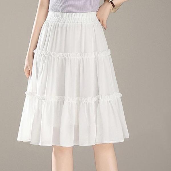 冰丝皱褶白色高腰半身裙小个子显瘦A字百褶裙遮肚子蛋糕裙夏季
