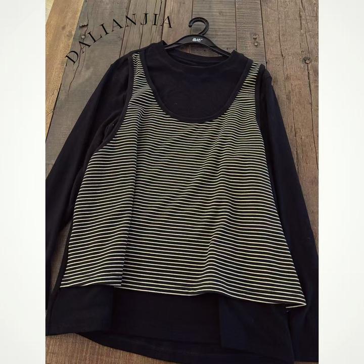 晶咕佳佳【条纹控】彩色系条纹假两件T恤显瘦长袖时尚休闲百搭
