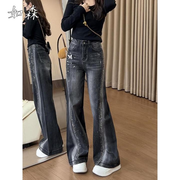 设计感高街辣妹烫钻阔腿牛仔裤女秋季2025新款高腰显瘦垂感弯刀裤